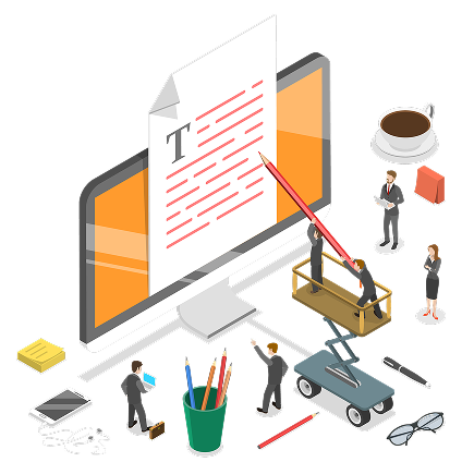 Miniature people editing document on computer screen