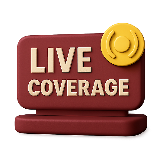 3D live coverage sign with yellow broadcast icon