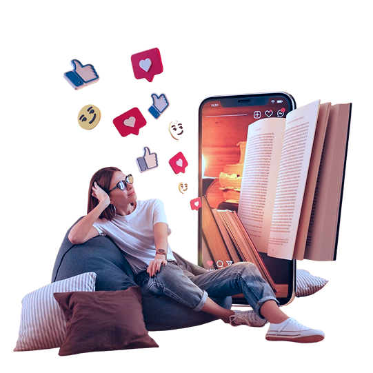 Woman reading with smartphone and social media icons