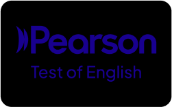 Pearson Test of English logo in blue on black background.