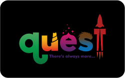 A colorful "quest There's always more..." logo