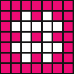A pixelated white heart on a pink grid