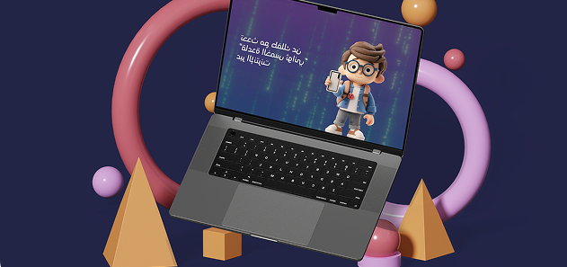 Laptop with 3D character and geometric shapes