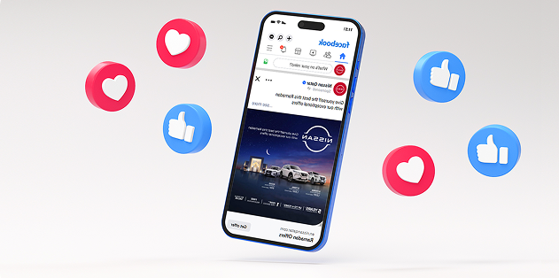 A phone displays Facebook with likes and hearts