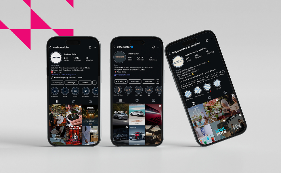 Three phones showing Instagram profiles for Qatar brands