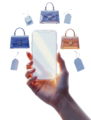 Hand holding smartphone with floating handbags and tags