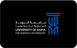 University of Doha logo with blue emblem and text