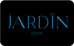 The blue "Jardin DOHA" logo on black