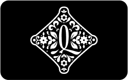A white ornate Q-shaped logo on black
