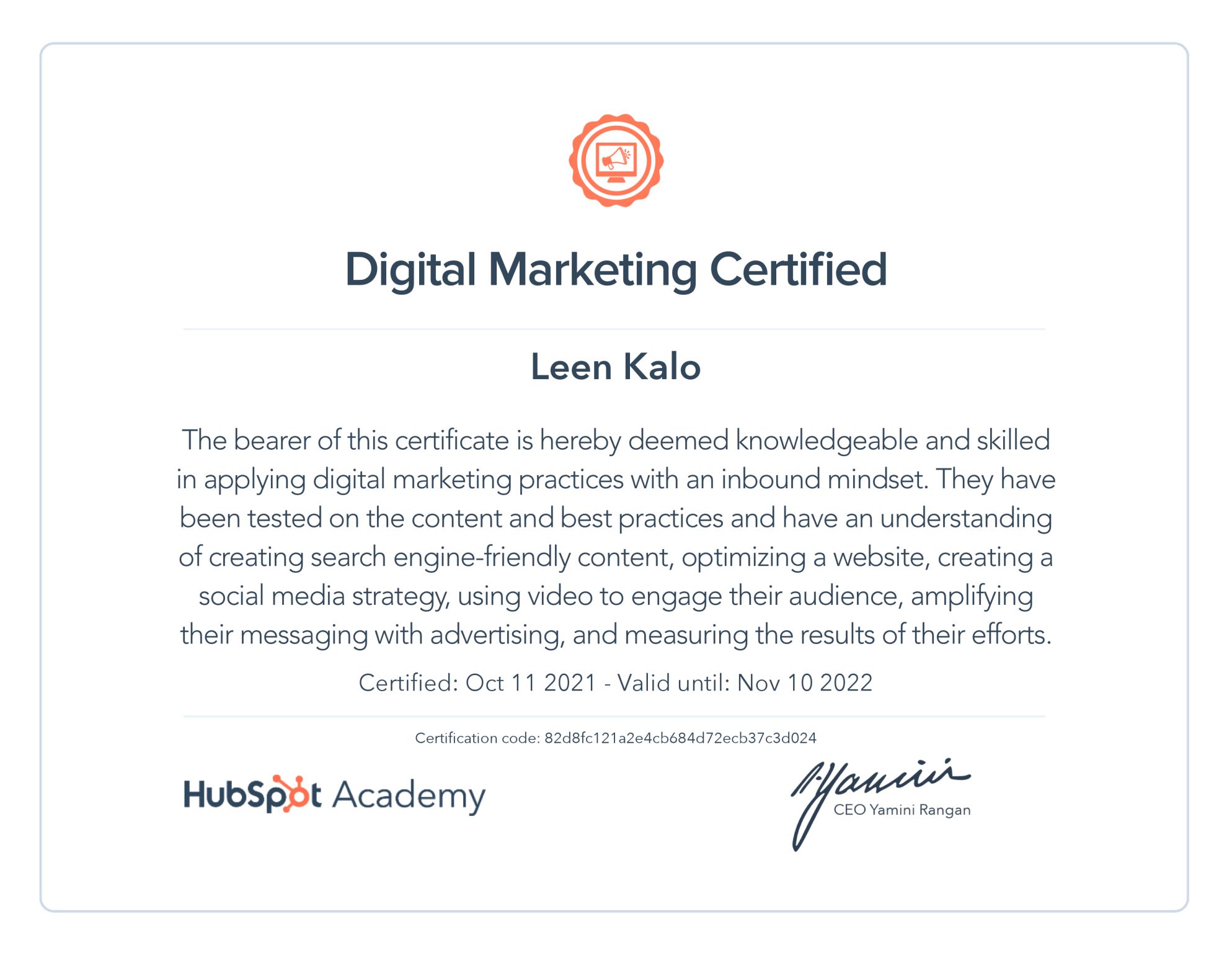 Leen Kalo Digital Marketing Certificate