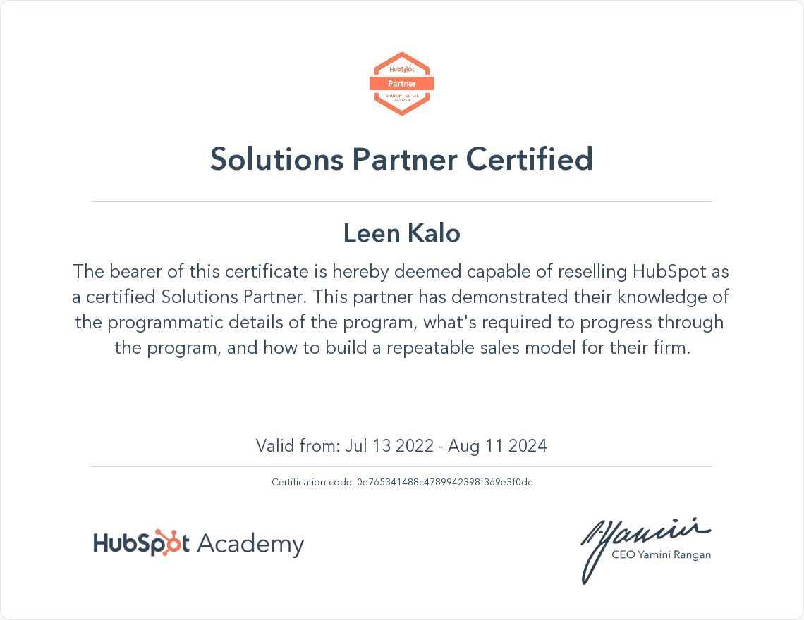 Leen Kalo Solutions Partner Certificate